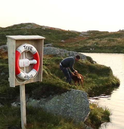 Tryg-livbøyen som henger på et stativ i vannkanten.