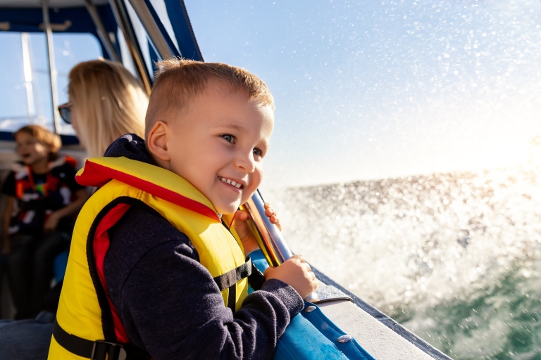 En liten gutt med redningsvest holder i ripen og ser ut på sjøen fra en båt i fart