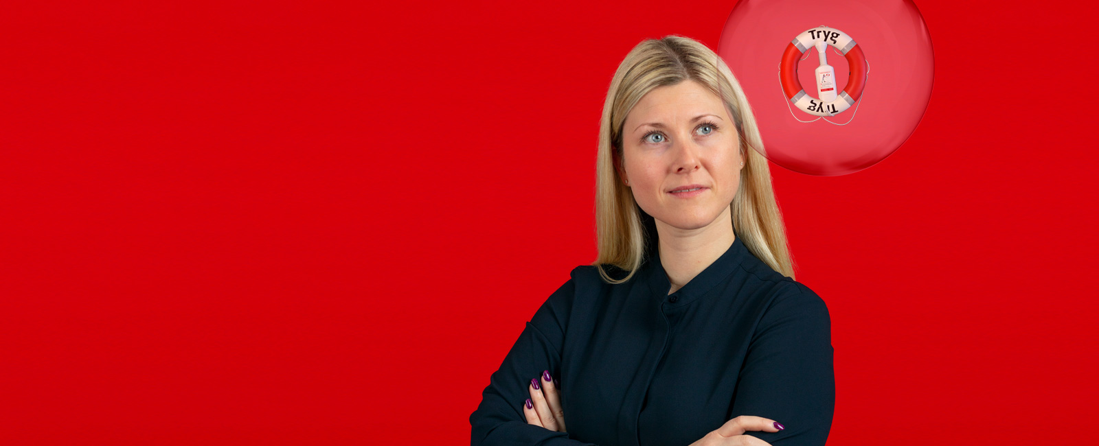 Dame i profil ser opp mot tankeboble med livbøye i